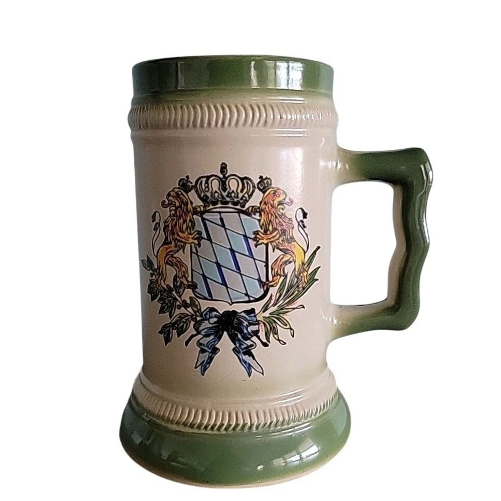 German Stoneware‎ Beer Mug Stein Bavaria Coat of Arms Bierkrug Beige Green